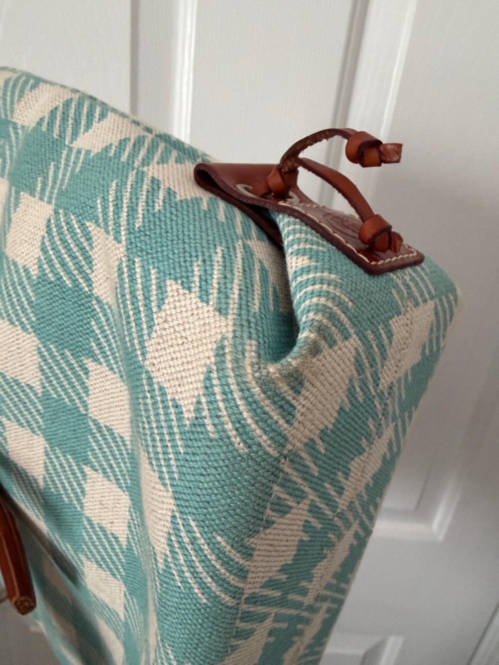 Dooney & Bourke Teal and Cream Plaid Canvas Small Tulip Tassel Tote - Picture 7 of 16